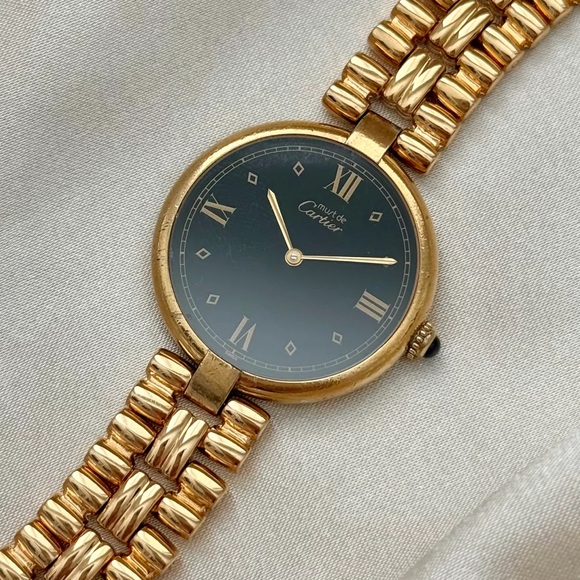 AUTHENTIC VINTAGE CARTIER GOLD WATCH - BLACK DIAL - WITH BOX - Picture 6 of 8